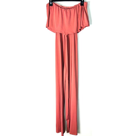 Charlotte Russe Coral Off-Shoulder Wide-Leg Jumpsuit With Tie Waist Medium - Picture 2 of 4